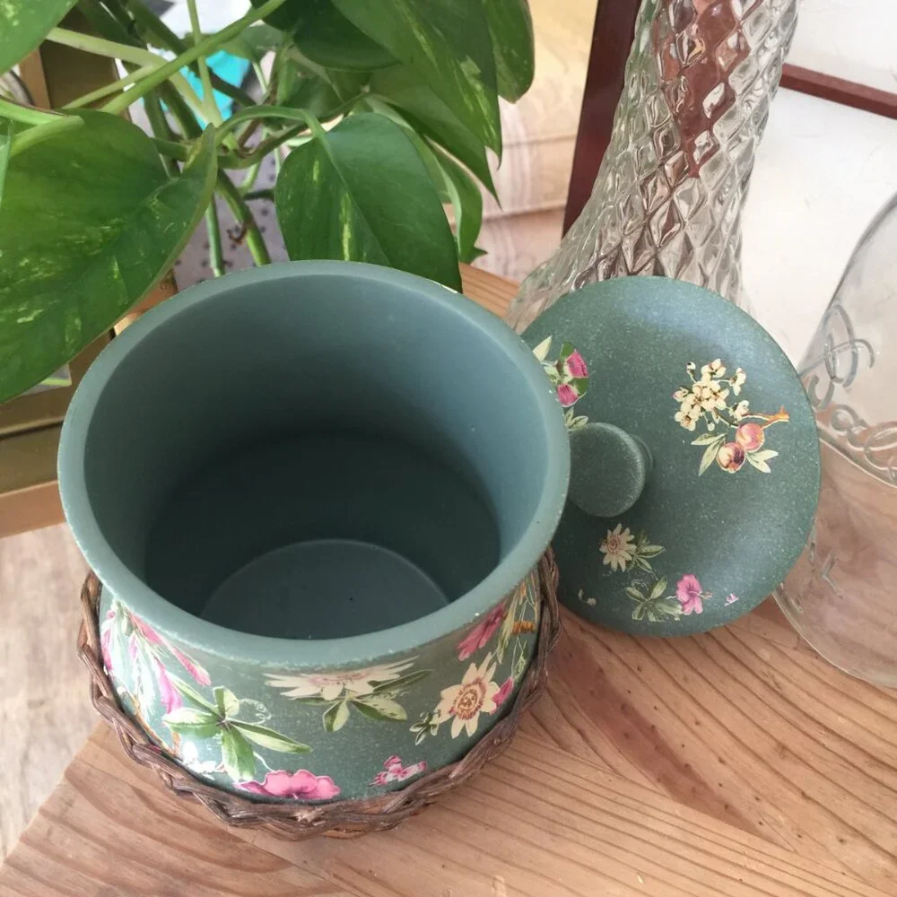 Green w/ Pink Flowers Ceramic & wicker Cookie Jar / Canister w/ Lid Vintage